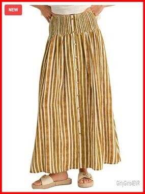 Womens Striped Maxi Skirt Front Buttons Elastic Waist A-Line Long Skirt Pockets